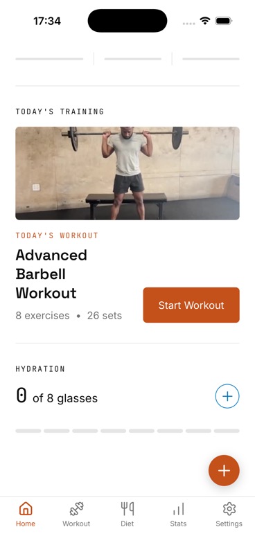 IGN8 home dashboard showing calorie and macro progress above today's planned gym workout