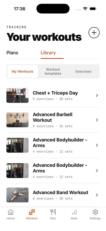 IGN8 Workout Library listing saved workouts with their exercise and set counts