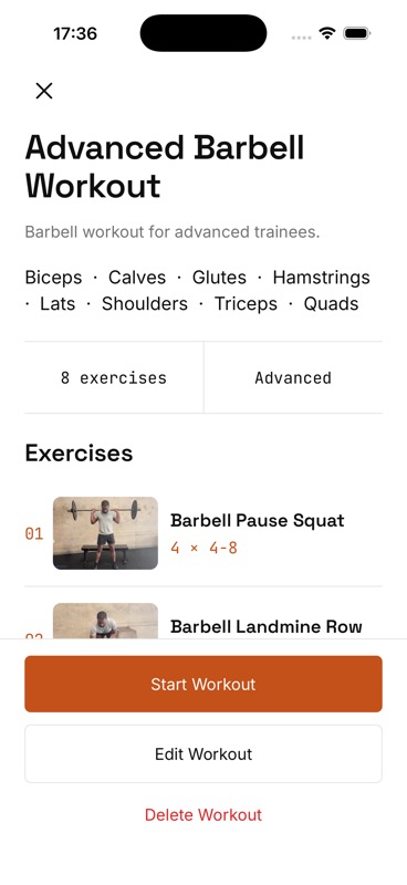 IGN8 workout detail showing an advanced barbell workout, muscle groups, difficulty, exercises, sets, and rep ranges