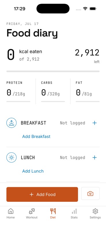 IGN8 food diary showing breakfast, lunch, dinner and snack sections with calories and macros