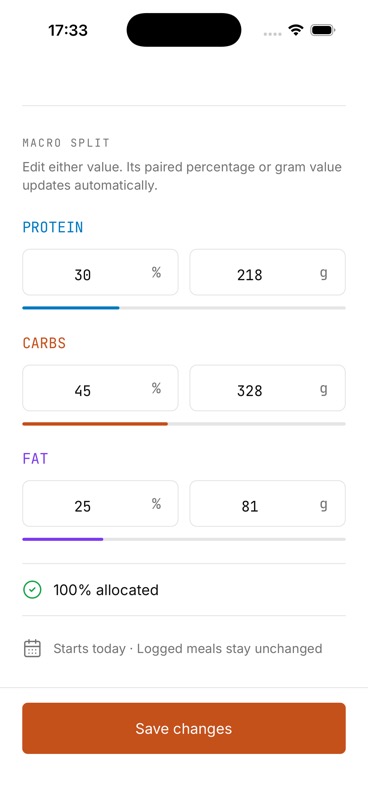 IGN8 nutrition screen showing daily protein, carbohydrate and fat progress