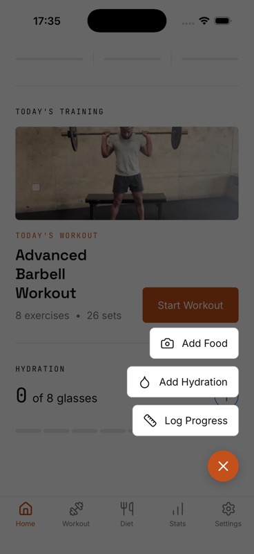 IGN8 Home screen showing quick actions for Add Food, Add Hydration and Log Progress beside the day's workout