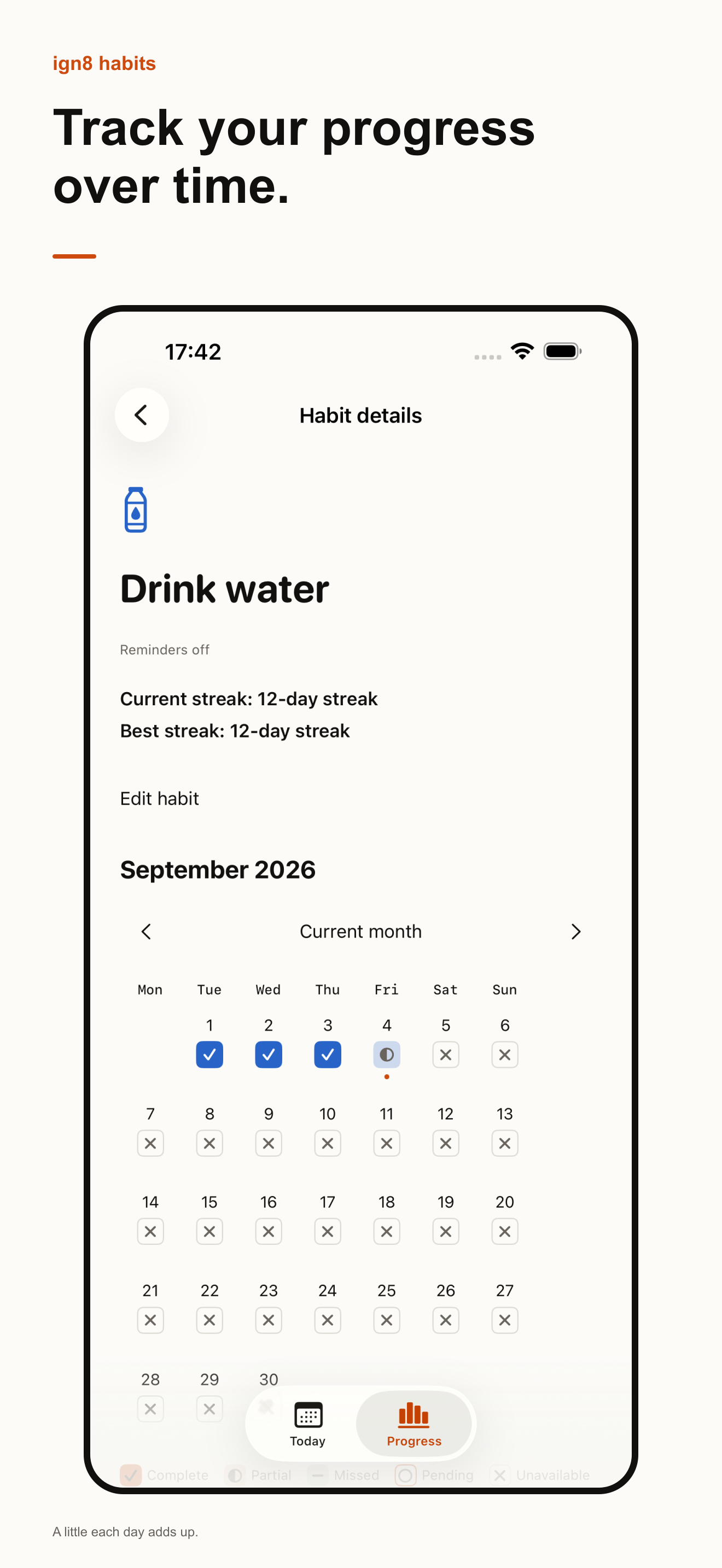 Habit detail with calculated streaks and a month calendar